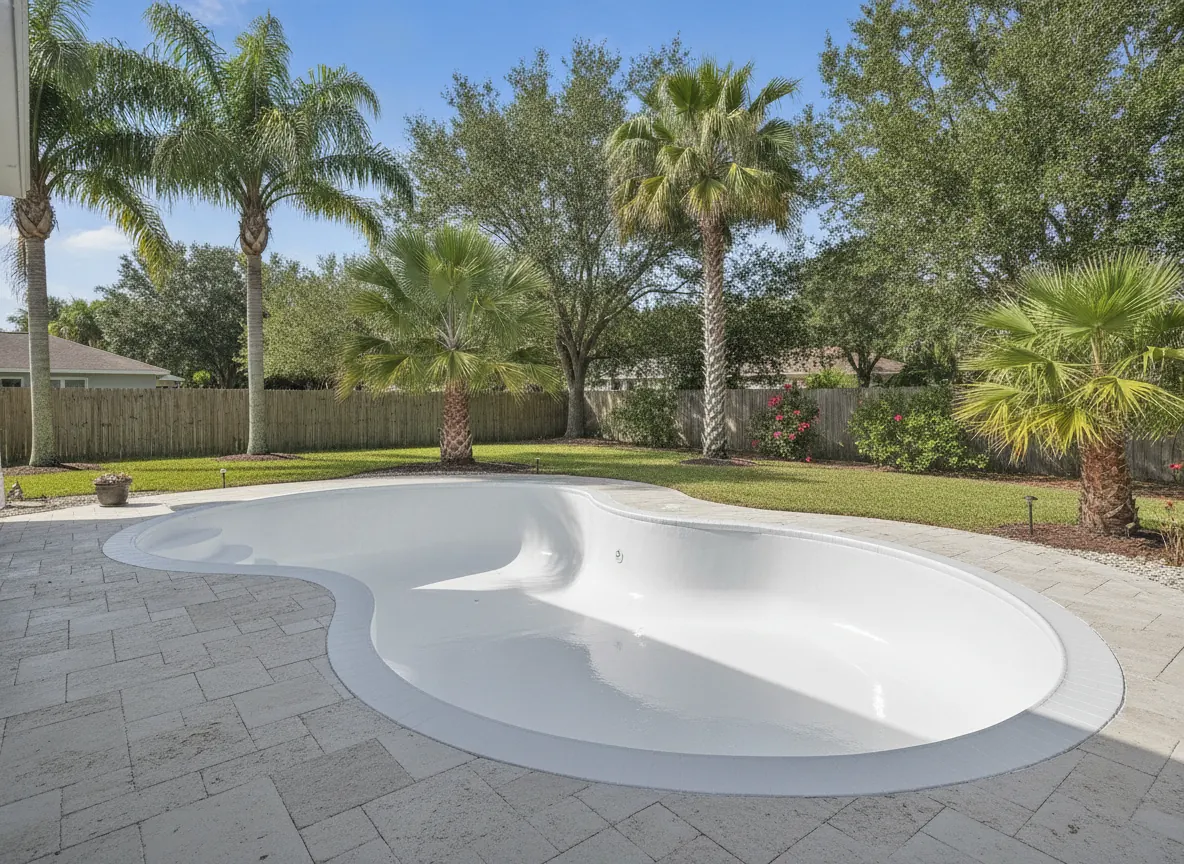 Drained fiberglass pool shell freshly refinished with glossy gelcoat