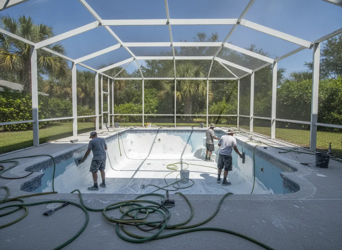 Workers troweling new white plaster in a drained pool