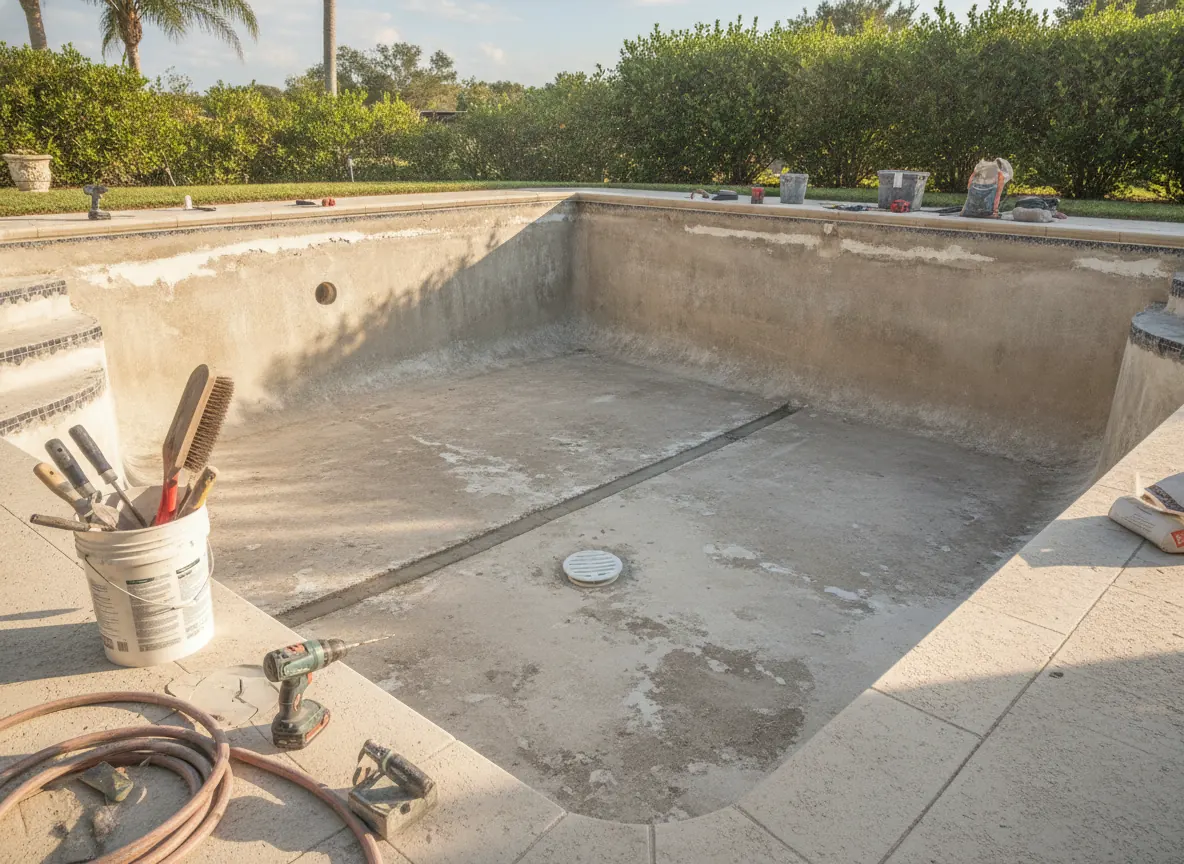 Drained pool during renovation with old plaster removed and a repaired crack